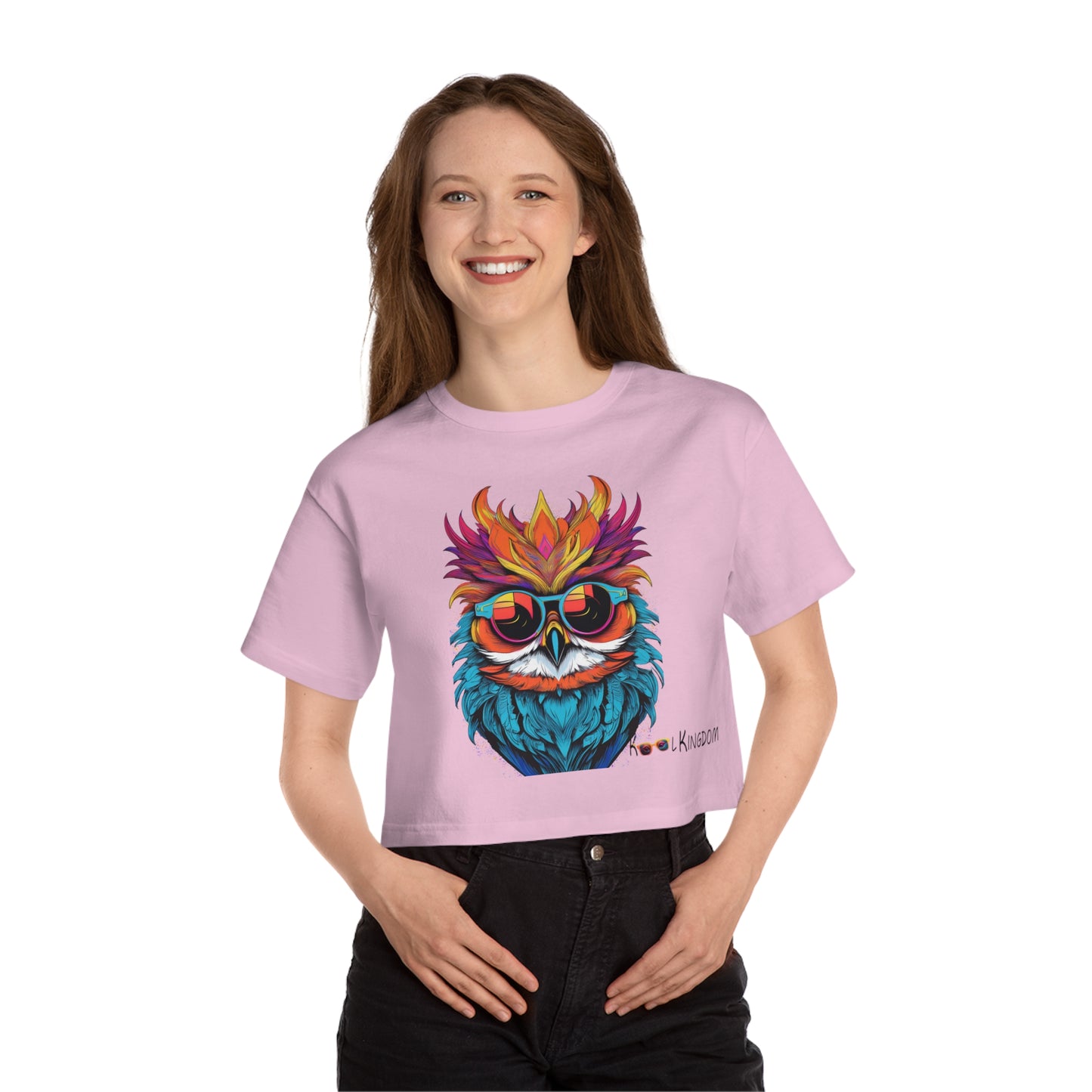 Cropped T-Shirt Psychedelic Owl with Sunglasses Design - Kool Kingdom Collection